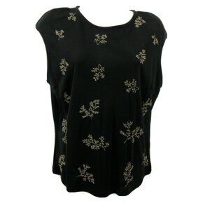 Talbots Black Shell Tank Top Size Medium Dressy Embroidered Gold Fauna Rayon EUC